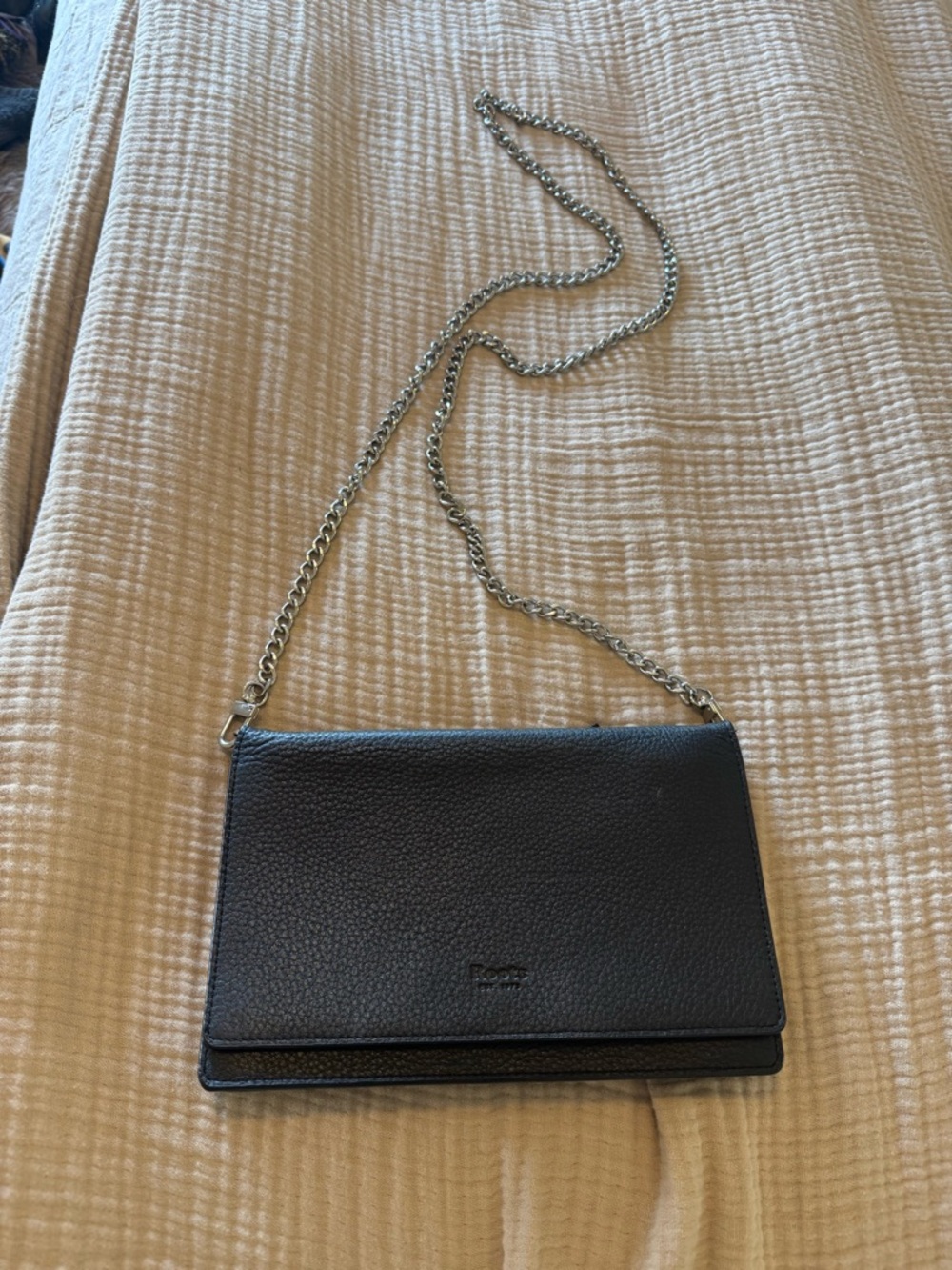 Roots Black Pebbled Leather Chain-Strap Crossbody/Clutch.